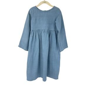 Hand Made 100% Linen Girls 6 Midi Dress Blue Cottagecore Boho Scandinavian
